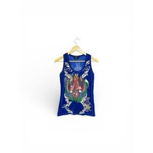 Vintage Christian Audigier Blue Velvet Rhinestone Sacred Heart Tank Top M Womens